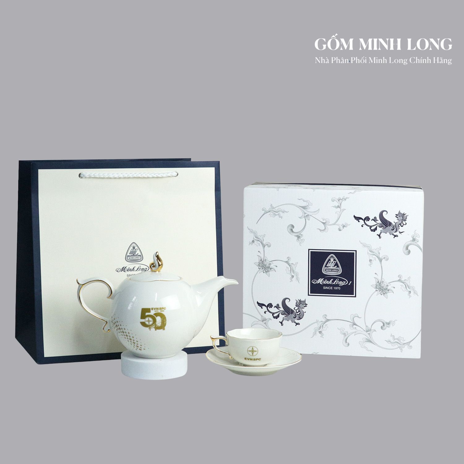 Bộ ấm trà cao cấp Minh Long in logo làm quà tặng kỷ niệm thành lập công ty 