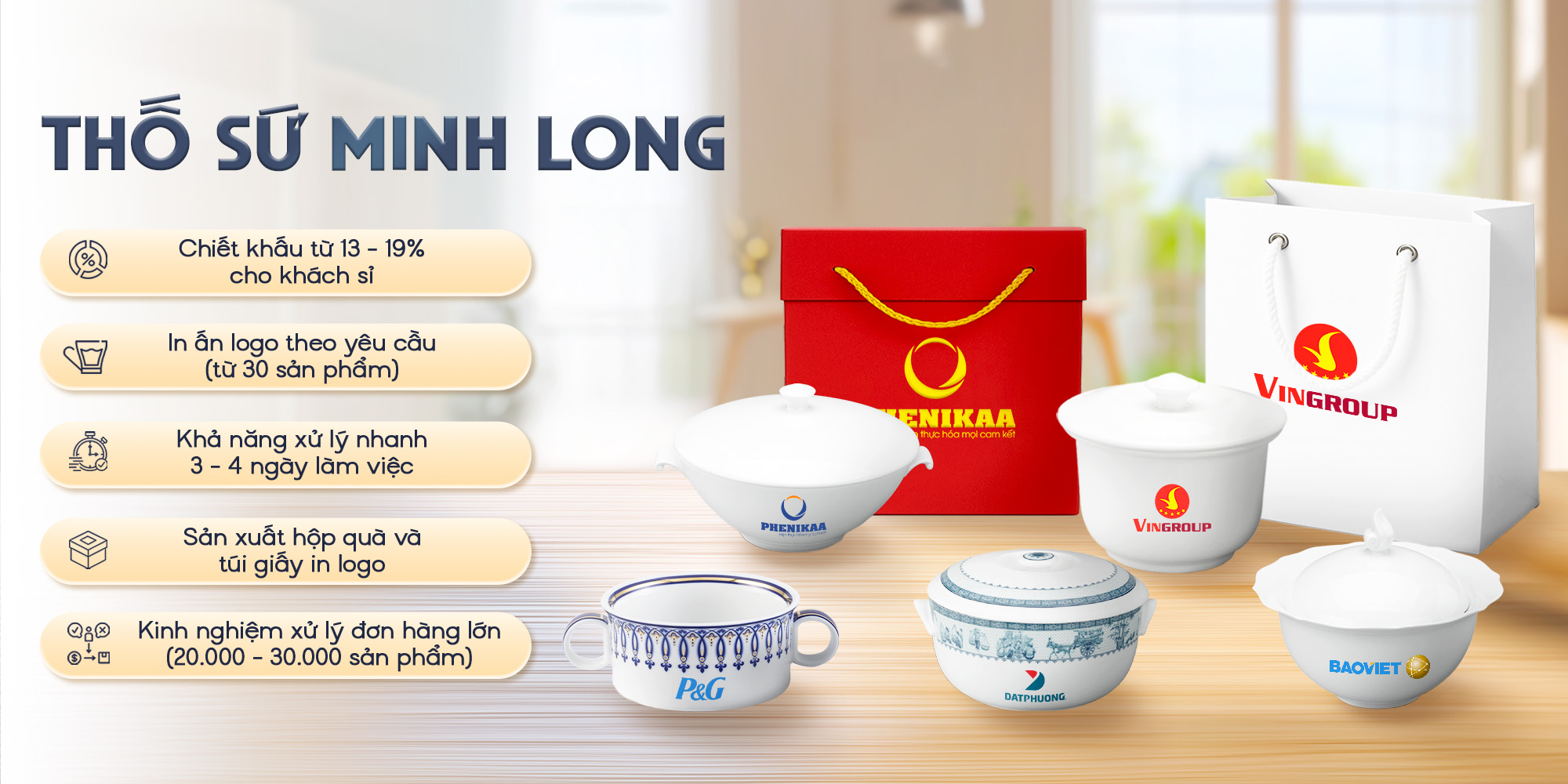 Thố sứ Minh Long - In ấn logo theo yêu cầu