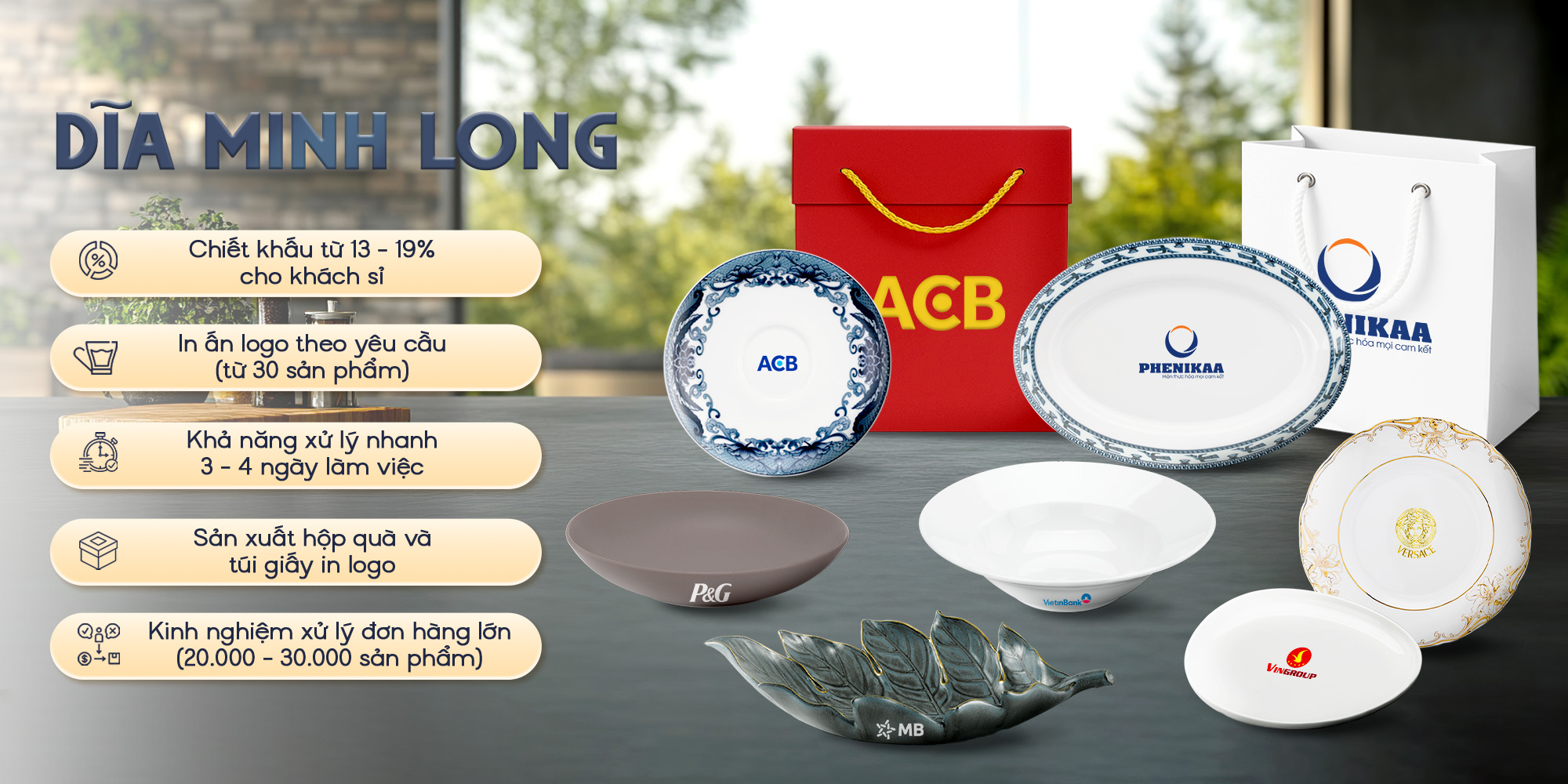 Dĩa sứ Minh Long quà tặng - In ấn logo theo yêu cầu, giá tốt