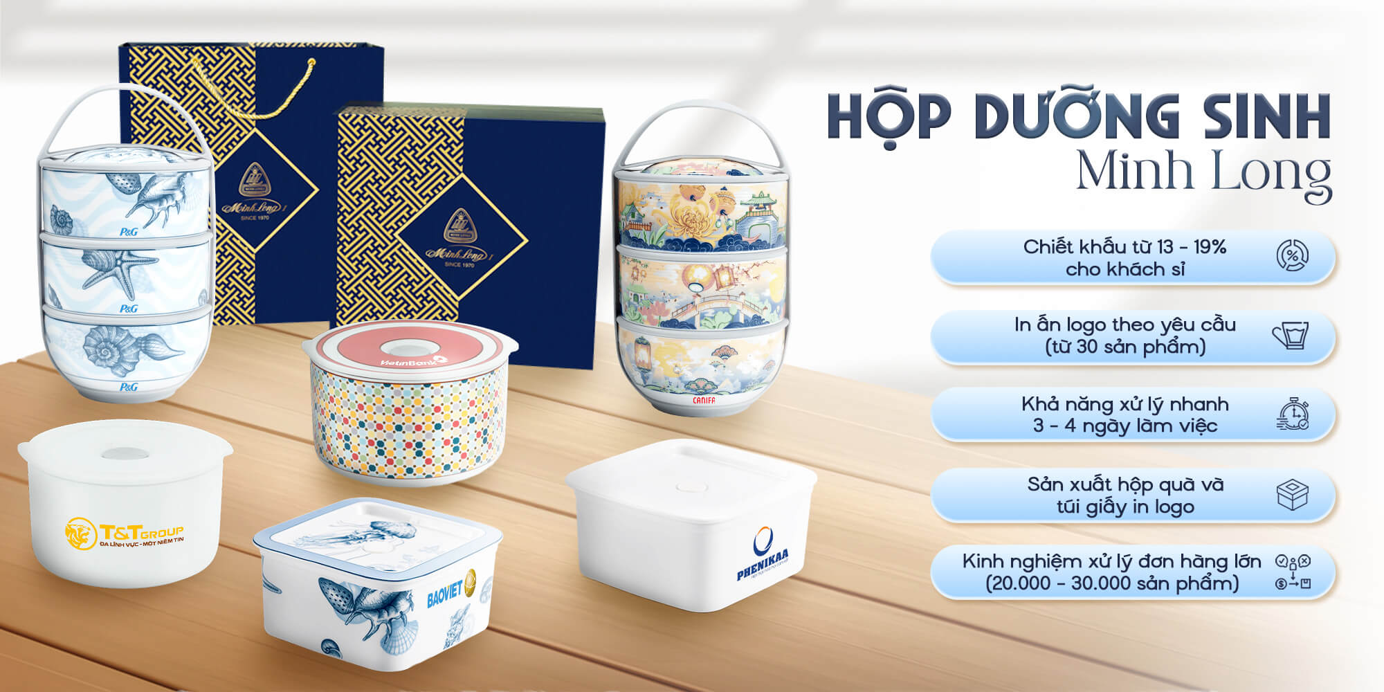Hộp sứ dưỡng sinh Minh Long - In ấn logo theo yêu cầu