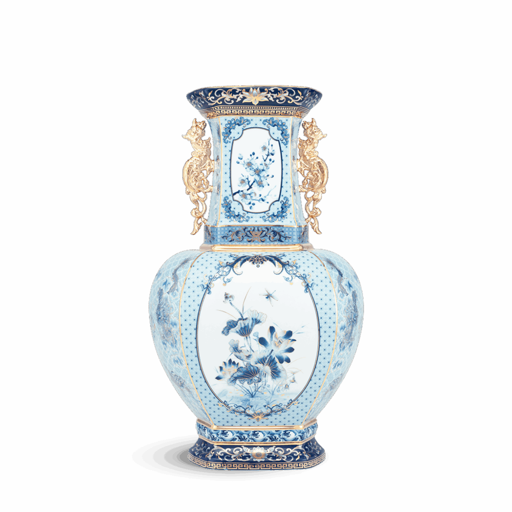 Bình hoa lục giác 45 cm (quai rồng) - Bình Hoa - Thịnh Vượng (xanh dương) A001_694535521gomminhlong.com