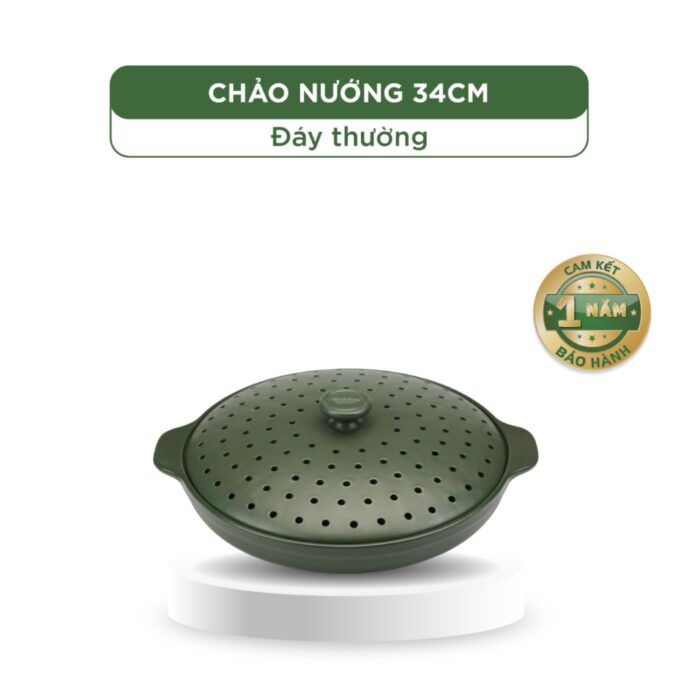 Chảo nướng dưỡng sinh 34 cm + nắp có lỗ - Healthy Cook - Xanh Rêu A001_063498464