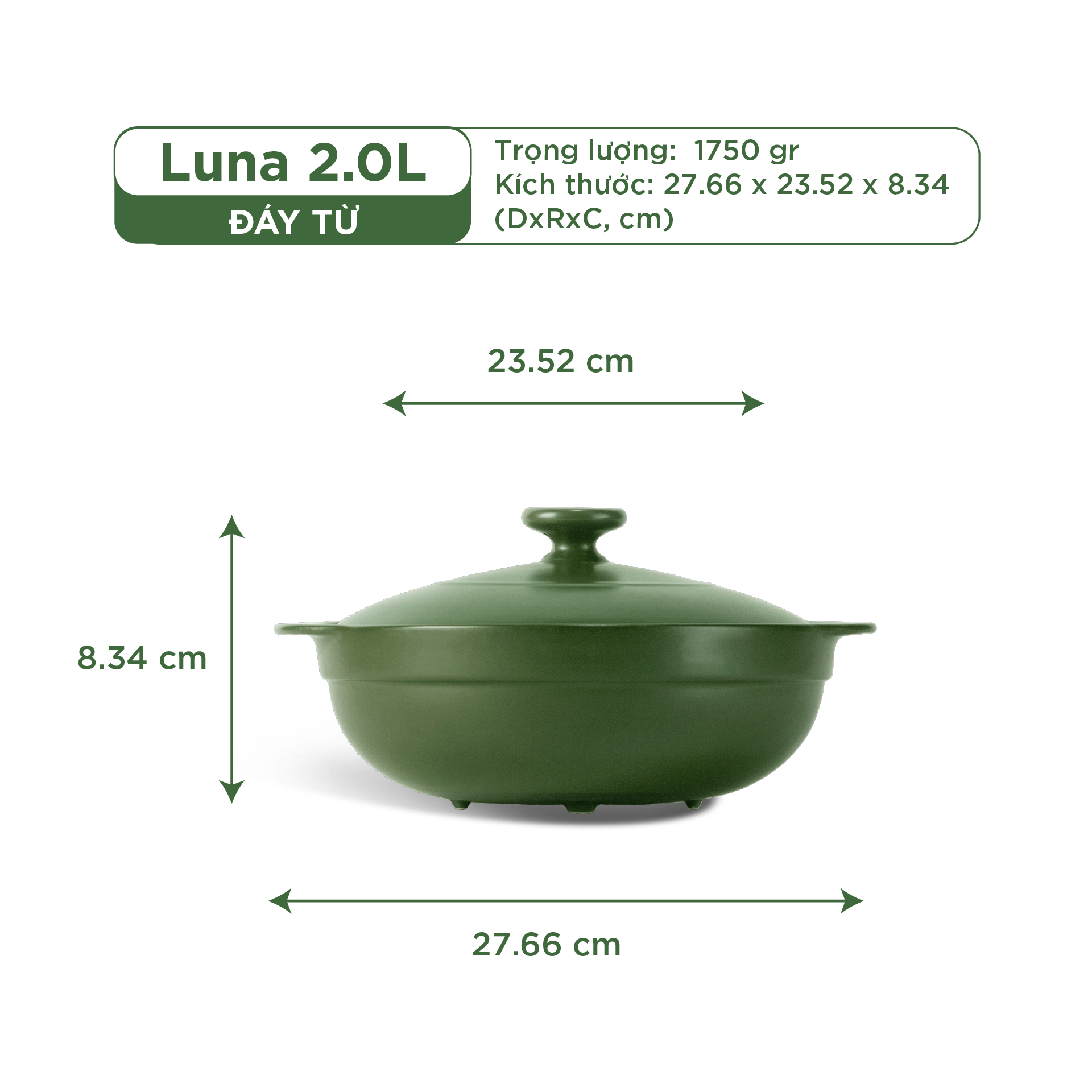 Nồi dưỡng sinh Luna (Nồi cạn) 2.0 L + nắp (CK) (bếp từ) - Xanh Rêu A001_212039464Tgomminhlong.com